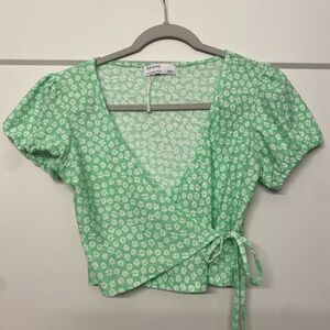 Bershka Mint Green Floral Wrap Blouse